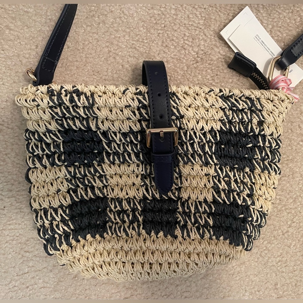 Vineyard Vines 🐳 Navy Checkered Straw Crossbody or Clutch Bag - Picture 4 of 11